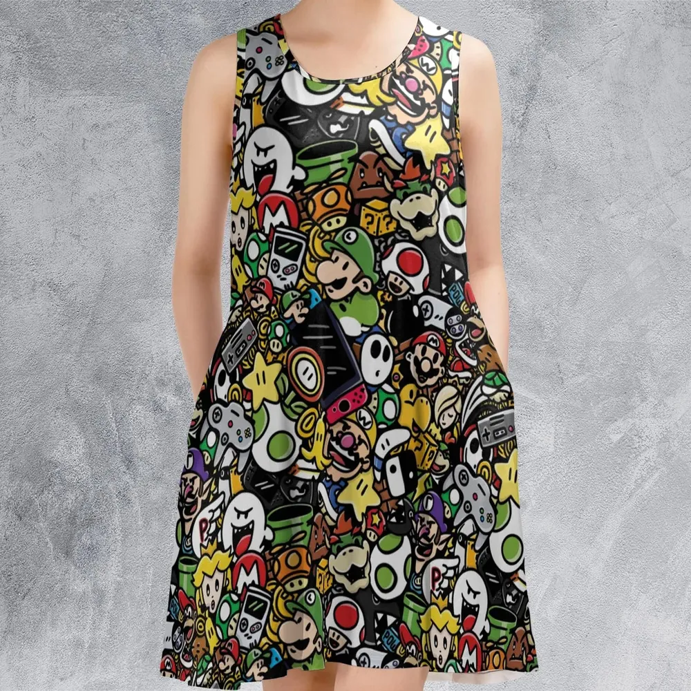 Super Mario Characters All In One Pattern Sleeveless Dress - 2
