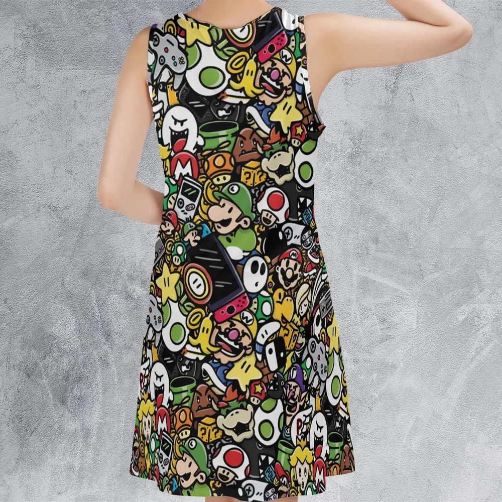 Super Mario Characters All In One Pattern Sleeveless Dress - 3