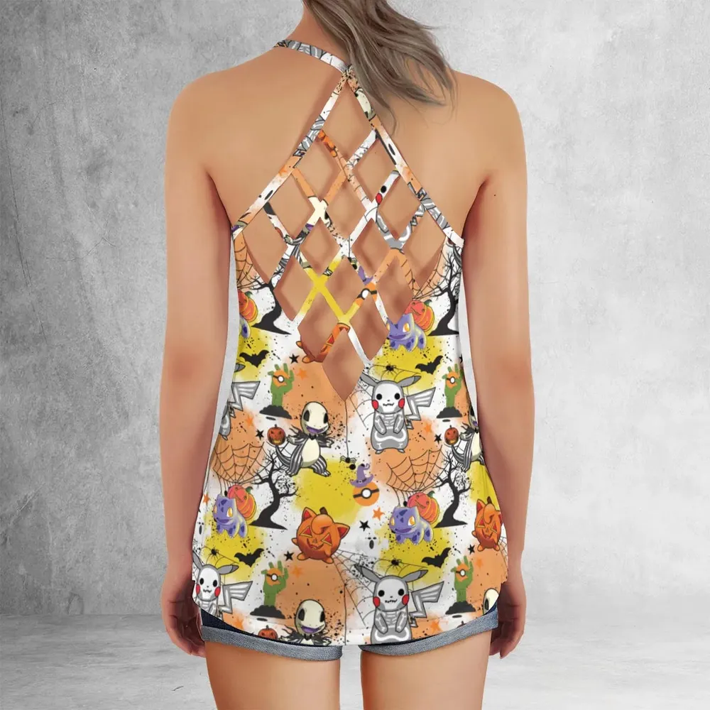 Spooky Costume Pikachu Charmander Jigglypuff Bulbasaur Pokemon Criss Cross Tank Top - 3