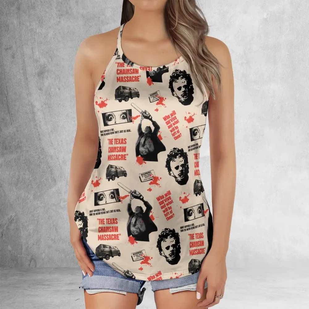 Leatherface The Texas Chainsaw Massacre Horror Pattern Criss Cross Tank Top - 2