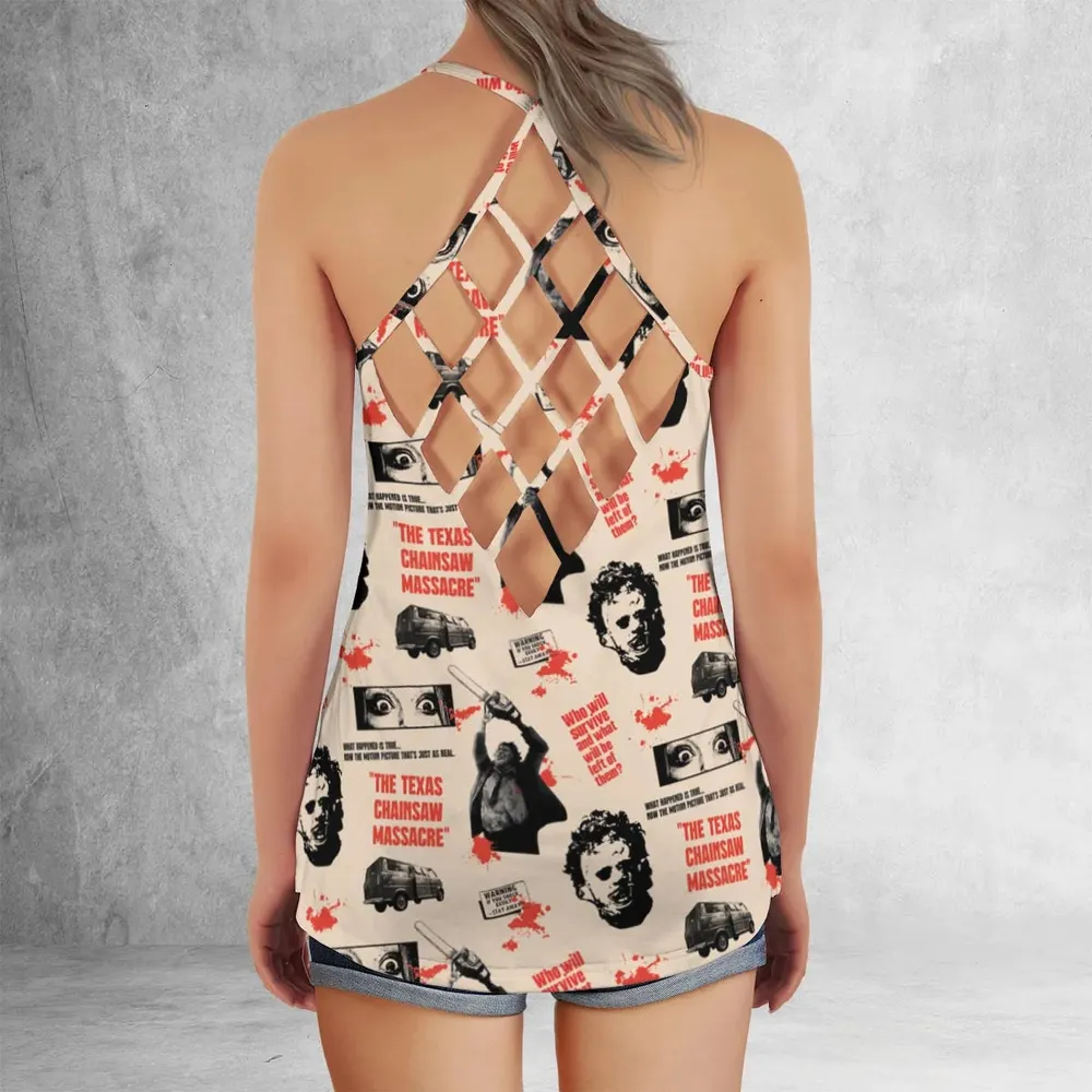 Leatherface The Texas Chainsaw Massacre Horror Pattern Criss Cross Tank Top - 3