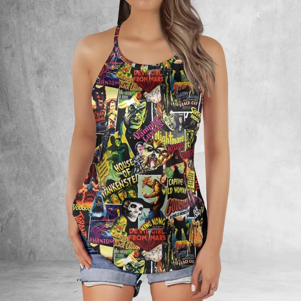 Fright Night Halloween Retro Horror Characters Collage Criss Cross Tank Top - 2