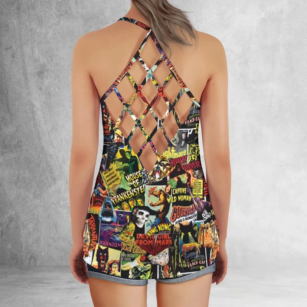 Fright Night Halloween Retro Horror Characters Collage Criss Cross Tank Top - 3