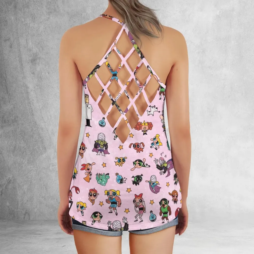 Power Puff Girls Characters Pattern Criss Cross Tank Top - 3