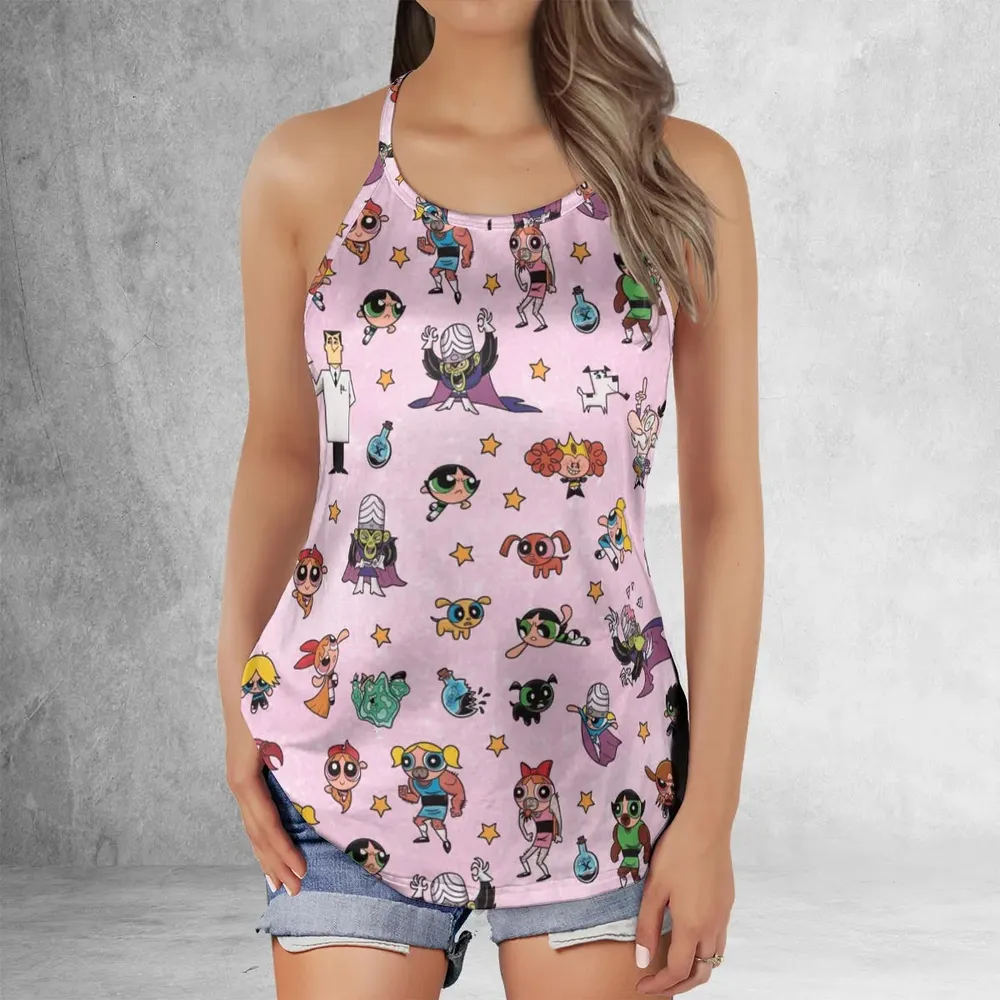 Power Puff Girls Characters Pattern Criss Cross Tank Top - 2