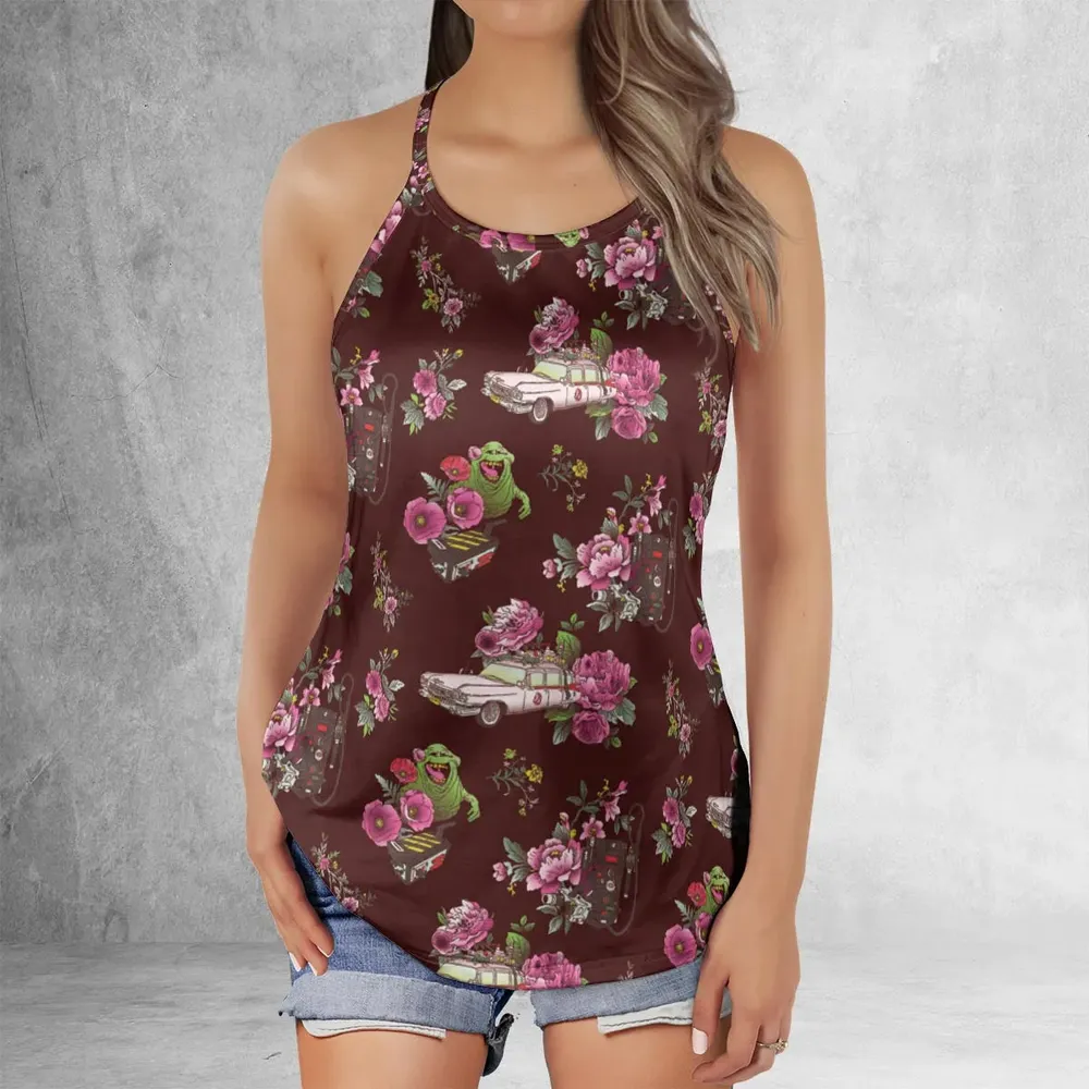 Slimer Ecto-1 Proton Pack Floral Ghostbusters Criss Cross Tank Top - 2