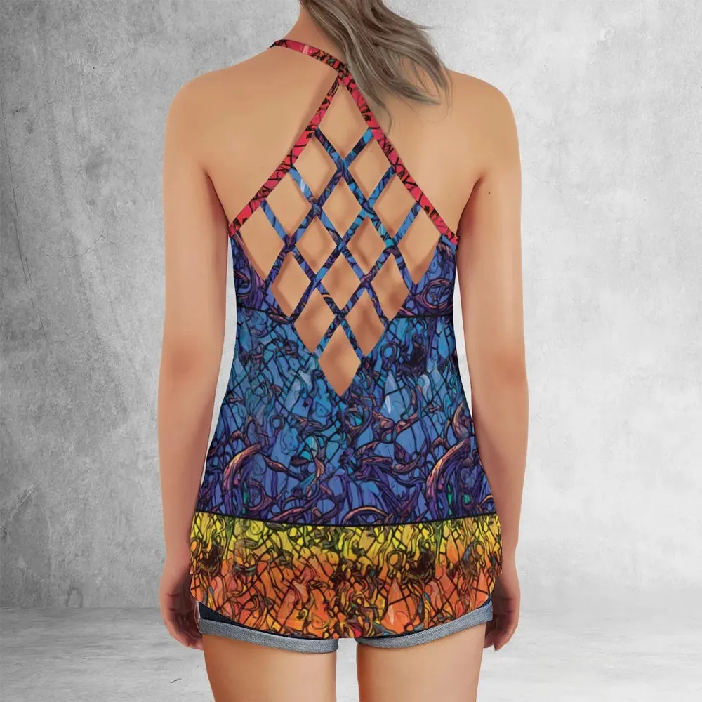 Stained Glass Cthulhu H.P Lovecraft Criss Cross Tank Top - 3