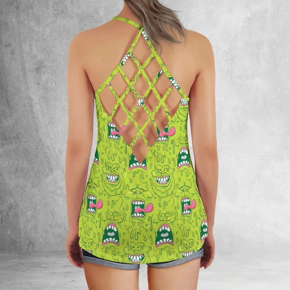 Funny Face Expression Slimer Ghostbusters Criss Cross Tank Top - 3