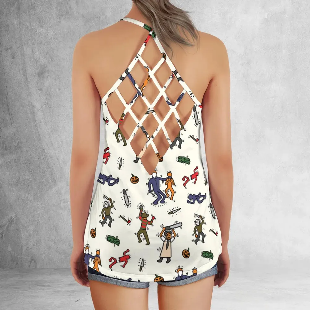 Horror Movie Pop Characters Pattern Criss Cross Tank Top - 3