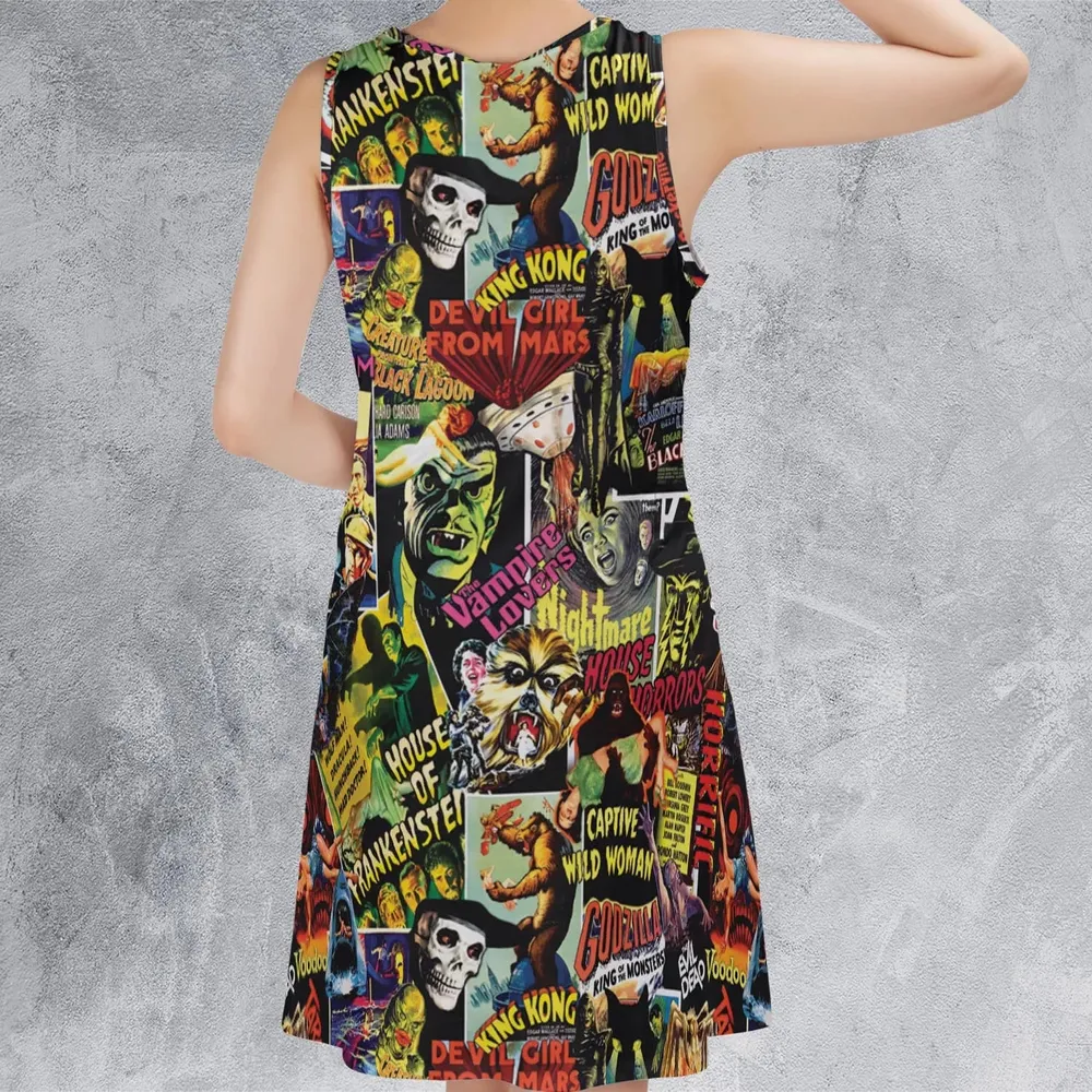 Fright Night Halloween Retro Horror Characters Collage Sleeveless Dress - 3