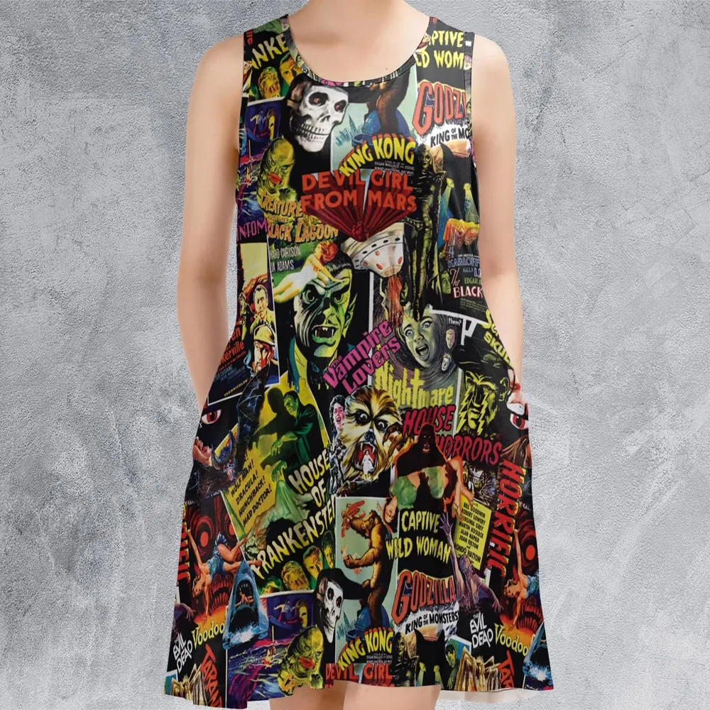 Fright Night Halloween Retro Horror Characters Collage Sleeveless Dress - 2