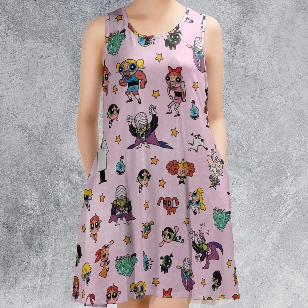 Power Puff Girls Characters Pattern Sleeveless Dress - 2
