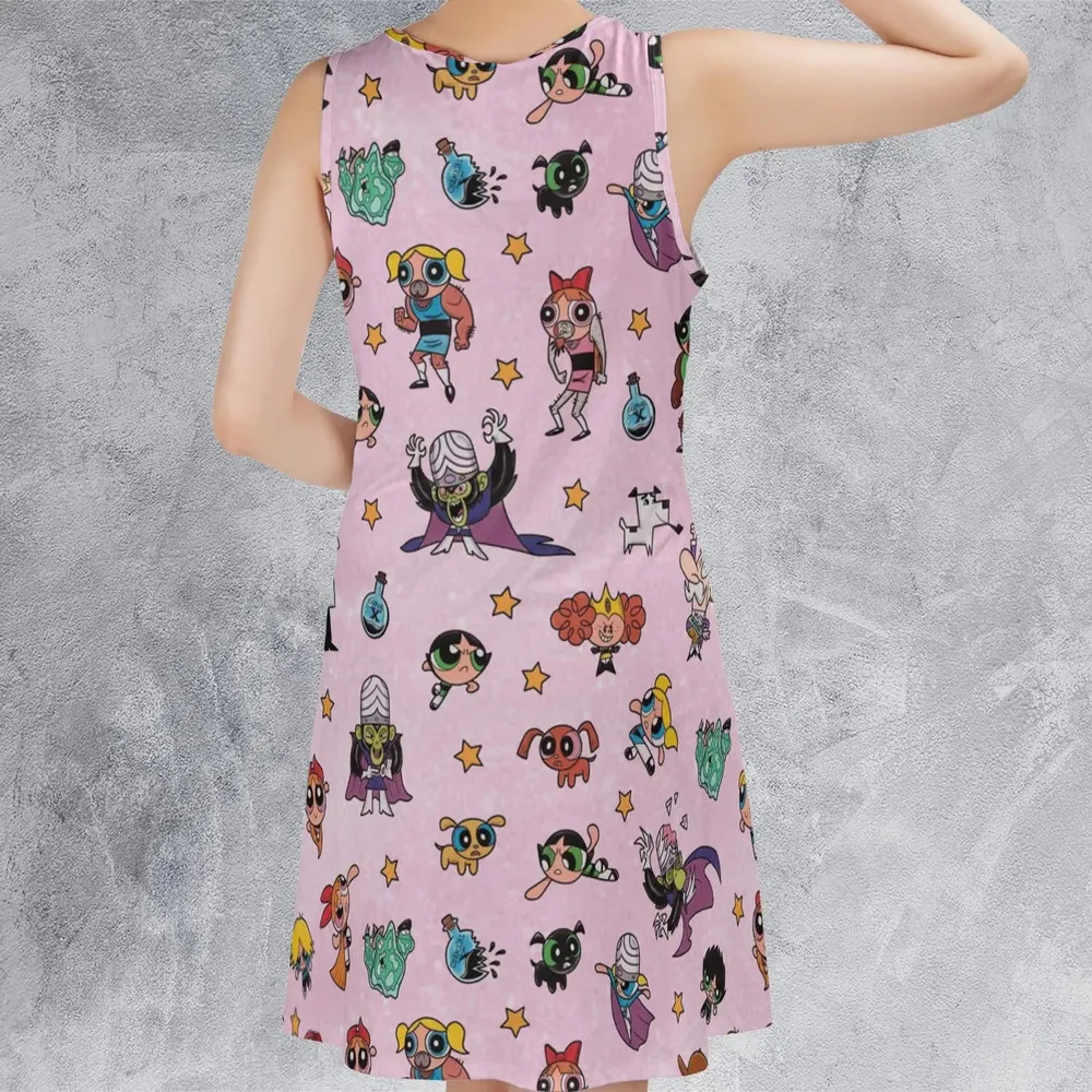 Power Puff Girls Characters Pattern Sleeveless Dress - 3
