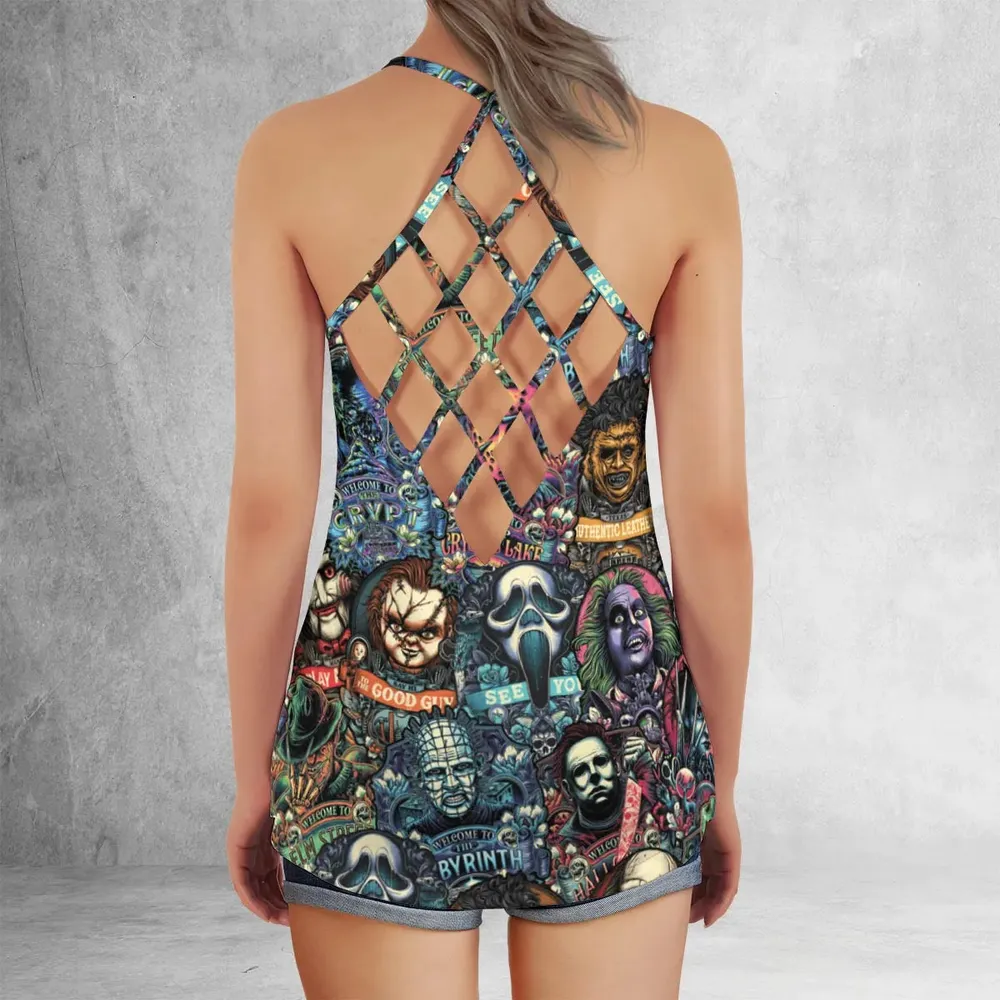 Horror Movie Characters Pattern Criss Cross Tank Top - 3