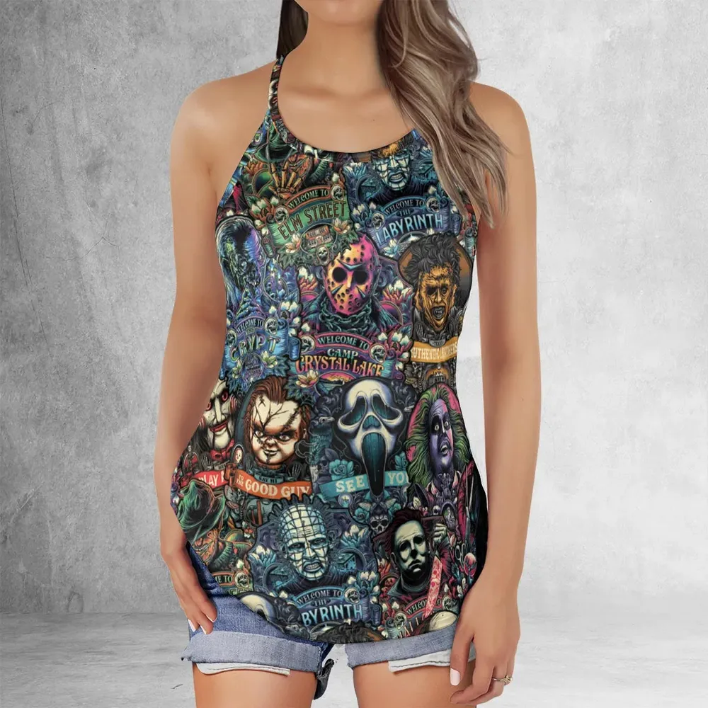 Horror Movie Characters Pattern Criss Cross Tank Top - 2
