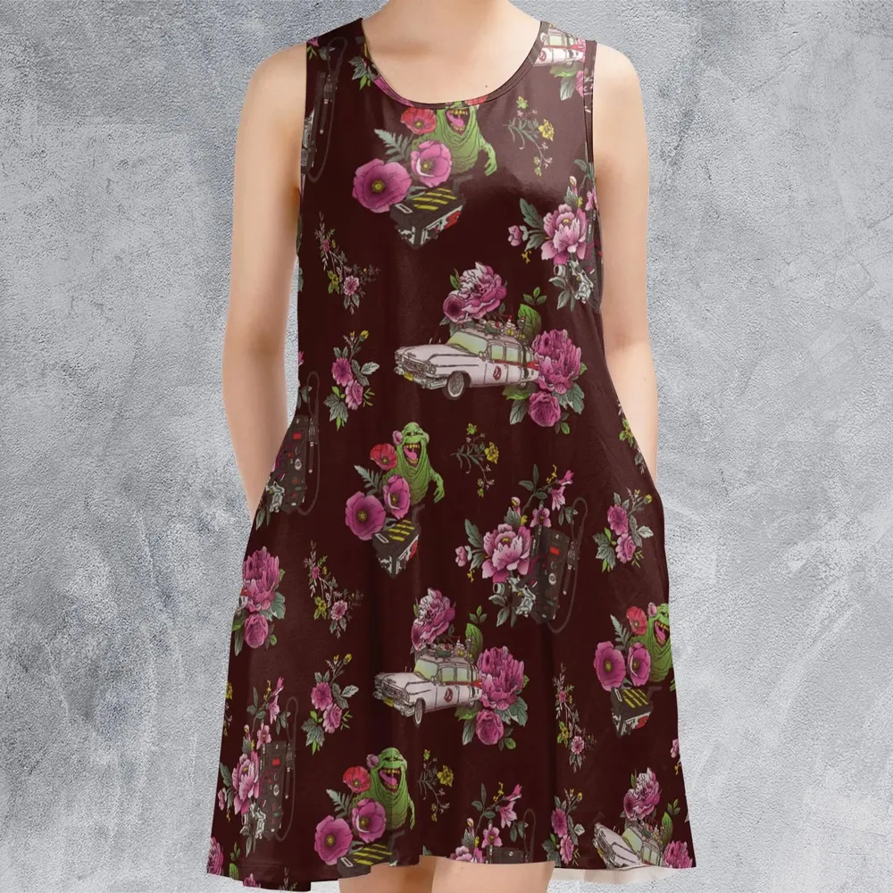 Slimer Ecto-1 Proton Pack Floral Ghostbusters Sleeveless Dress - 2