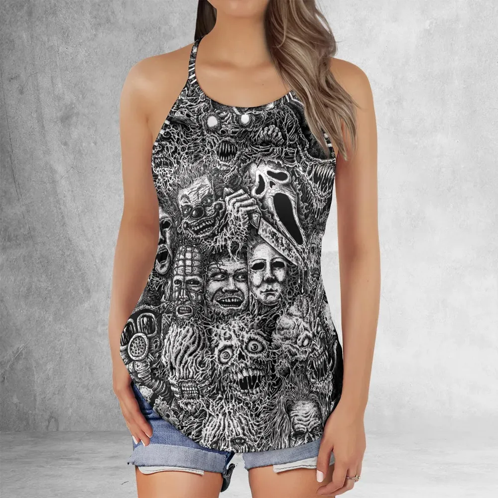 Horror Movie Assemblage Ghostface Xenomorph Pinhead Freddy Michael Myers Criss Cross Tank Top - 2