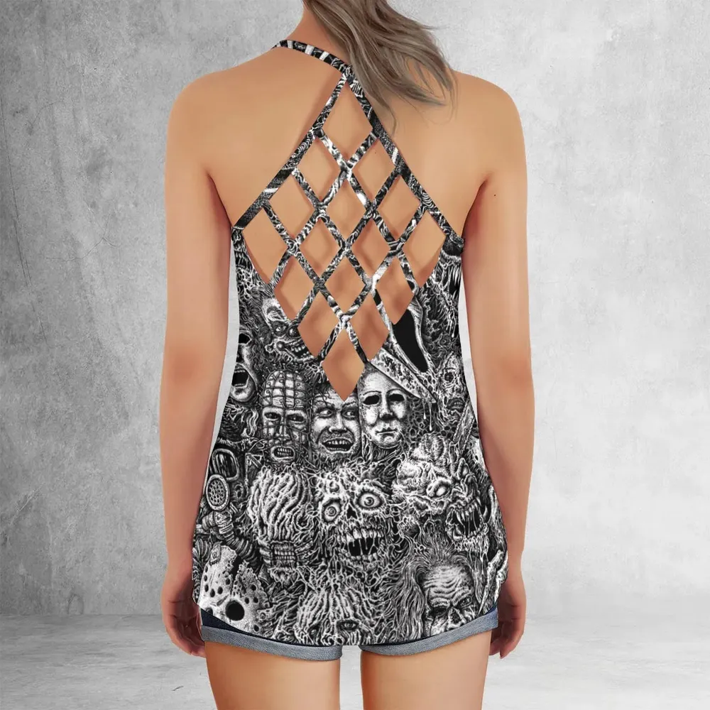 Horror Movie Assemblage Ghostface Xenomorph Pinhead Freddy Michael Myers Criss Cross Tank Top - 3