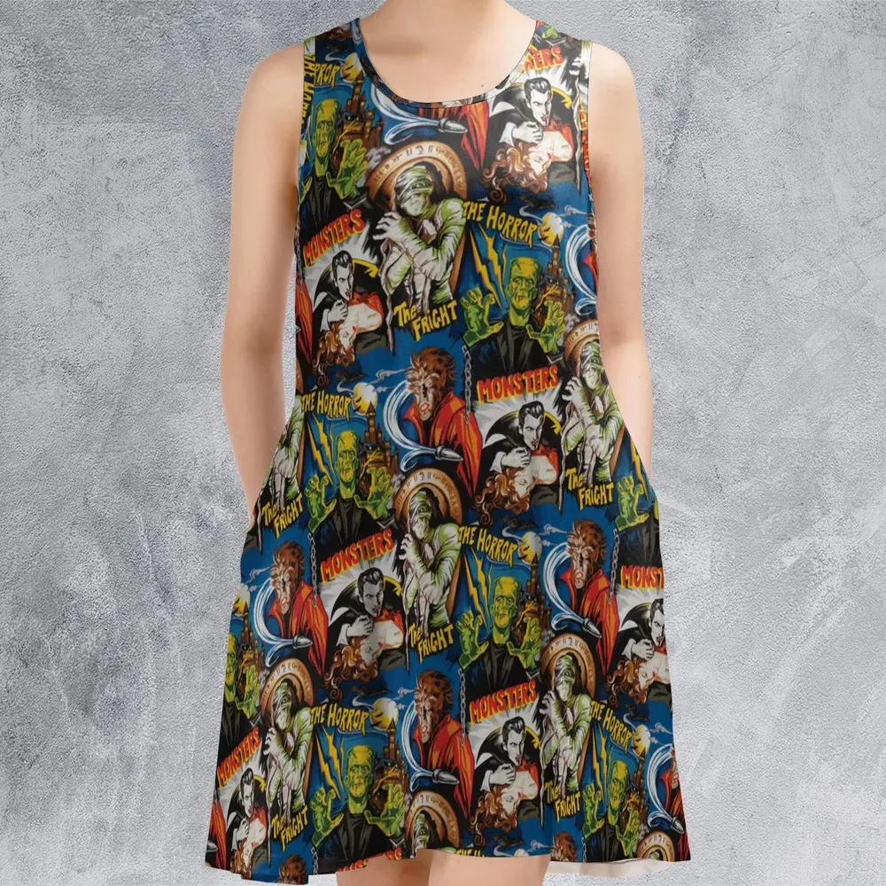 The Horror The Fright Dracula Frankenstein The Wolfman Monster Universal Pattern Sleeveless Dress - 2