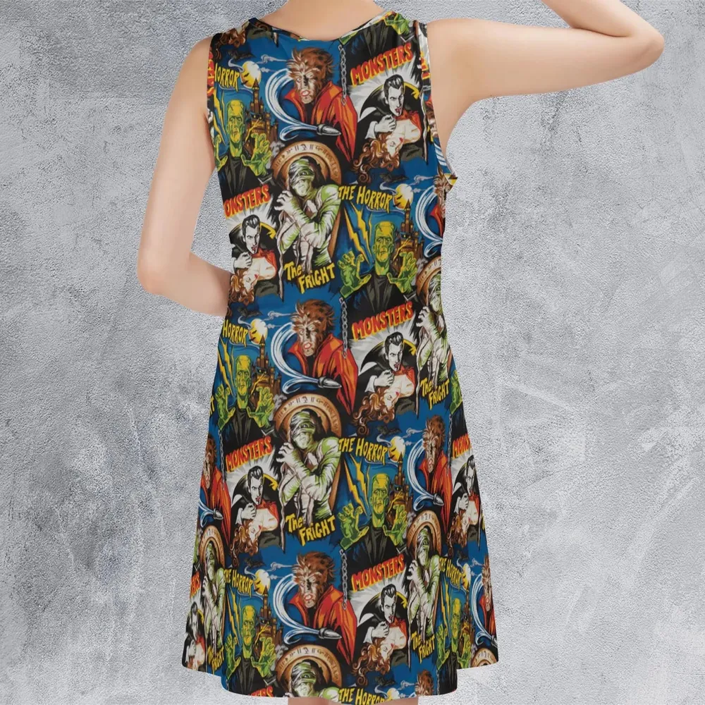 The Horror The Fright Dracula Frankenstein The Wolfman Monster Universal Pattern Sleeveless Dress - 3