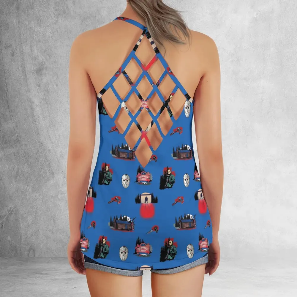 Jason Vorhees Camp Crystal Lake Halloween Criss Cross Tank Top - 3