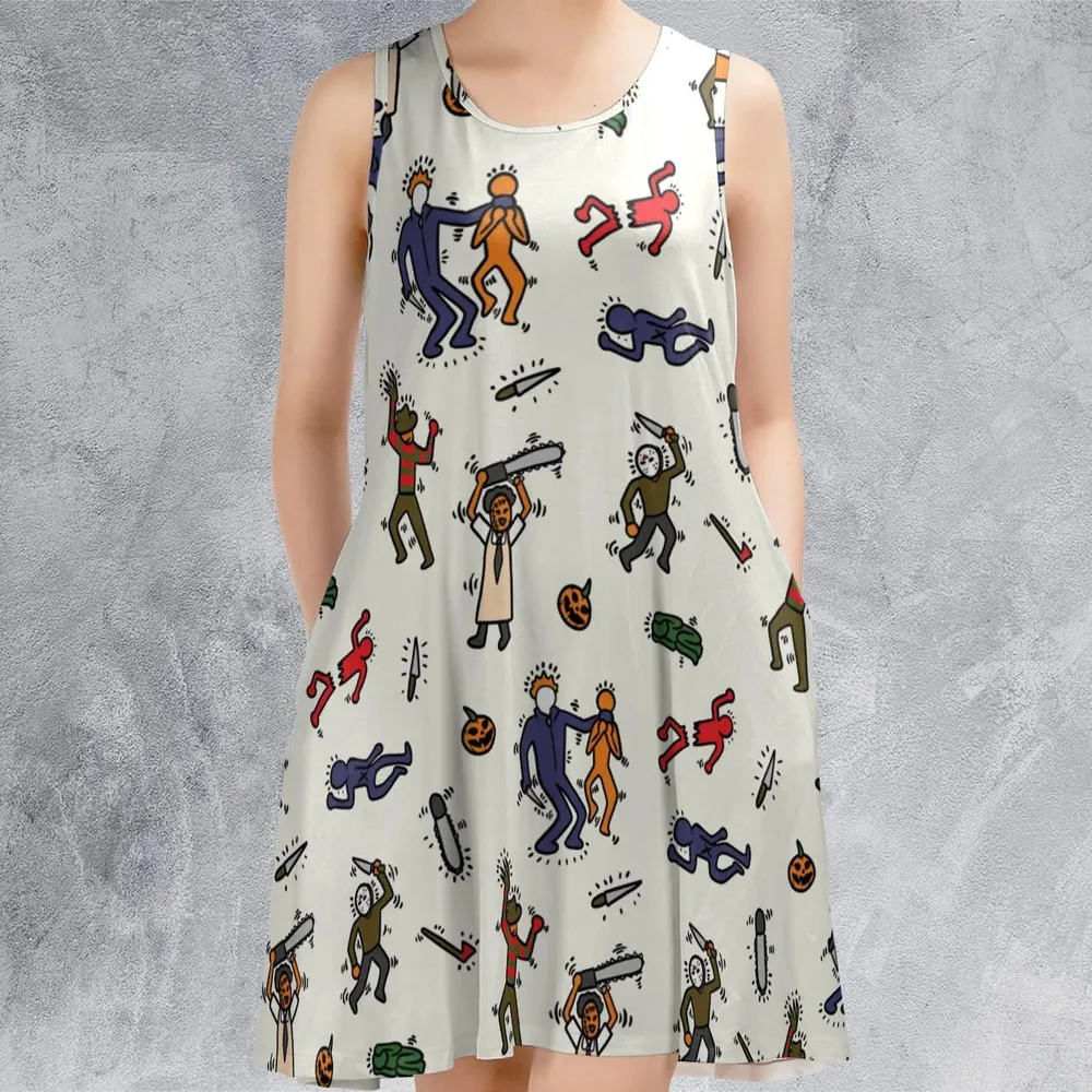 Horror Movie Pop Characters Pattern Sleeveless Dress - 2