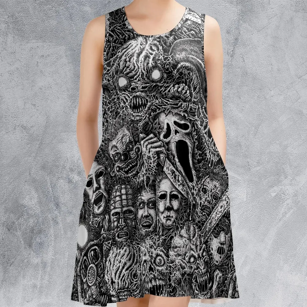 Horror Movie Assemblage Ghostface Xenomorph Pinhead Freddy Michael Myers Sleeveless Dress - 2