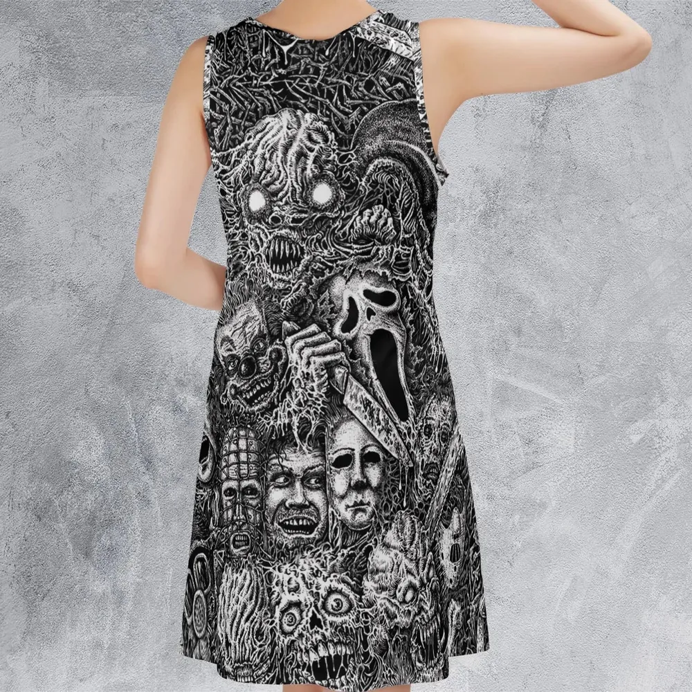 Horror Movie Assemblage Ghostface Xenomorph Pinhead Freddy Michael Myers Sleeveless Dress - 3