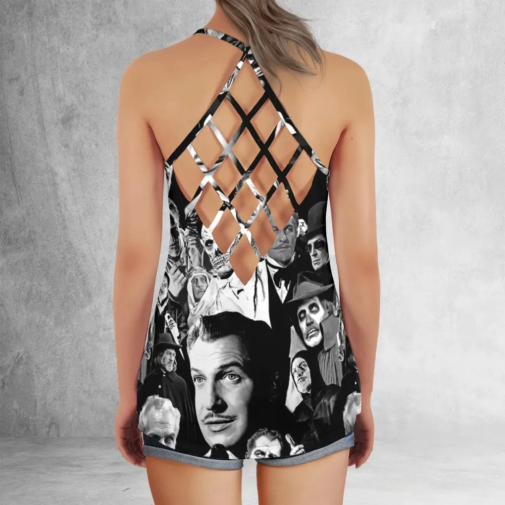 Horror Characters The Many Faces Of Vincent Price Criss Cross Tank Top - 3