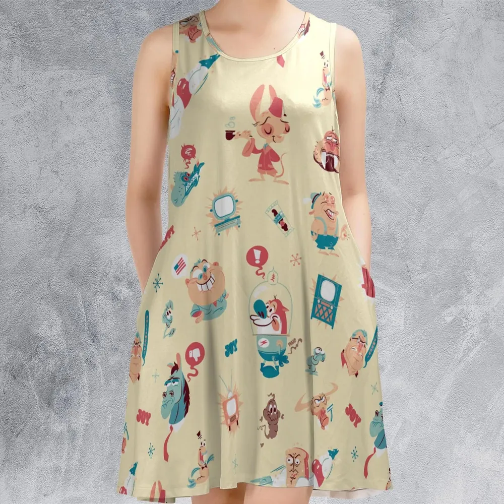 Ren and Stimpy Pattern Sleeveless Dress - 2