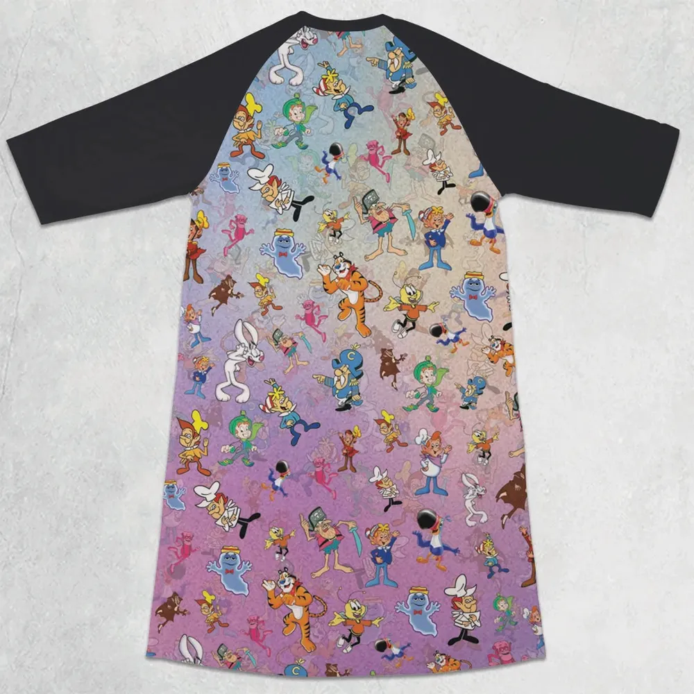 80s 90s Commercial Cereal Mascots 3/4 Sleeve Raglan Dress - 2