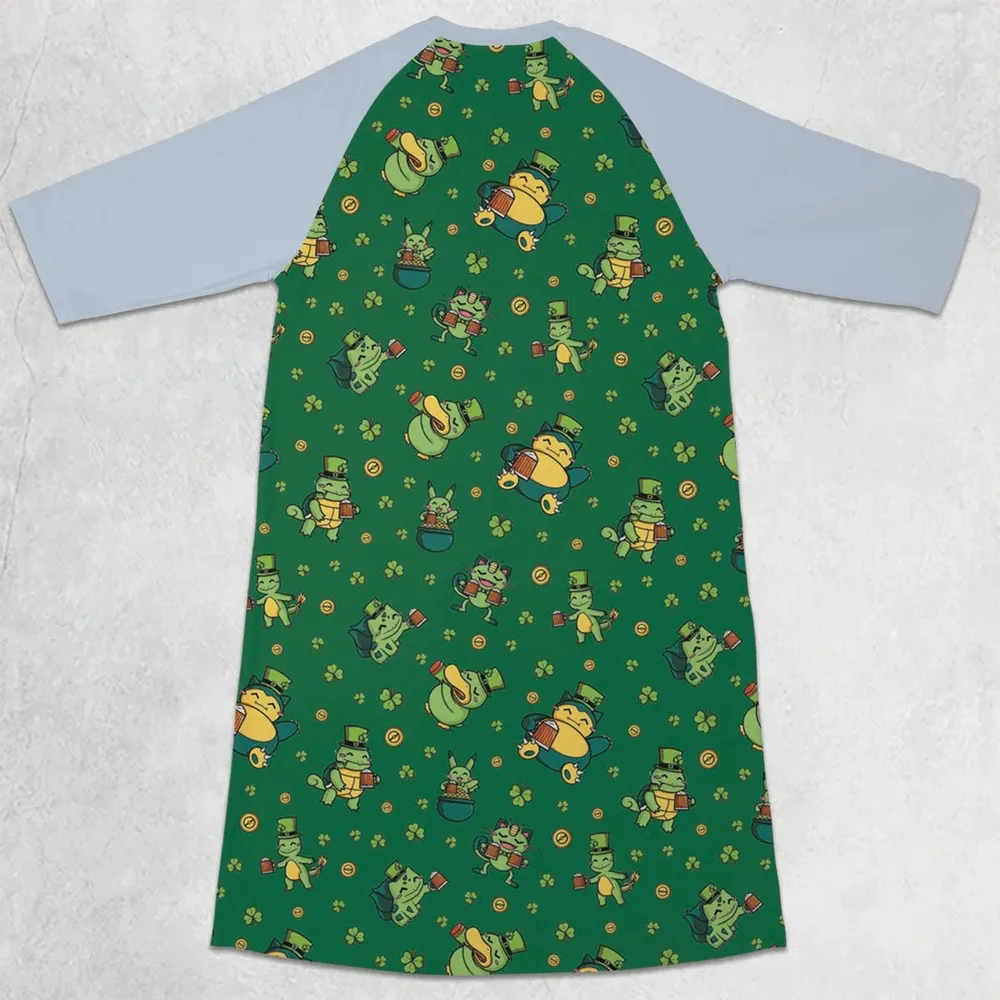 Happy St. Patrick day Pokemon Green 3/4 Sleeve Raglan Dress - 2