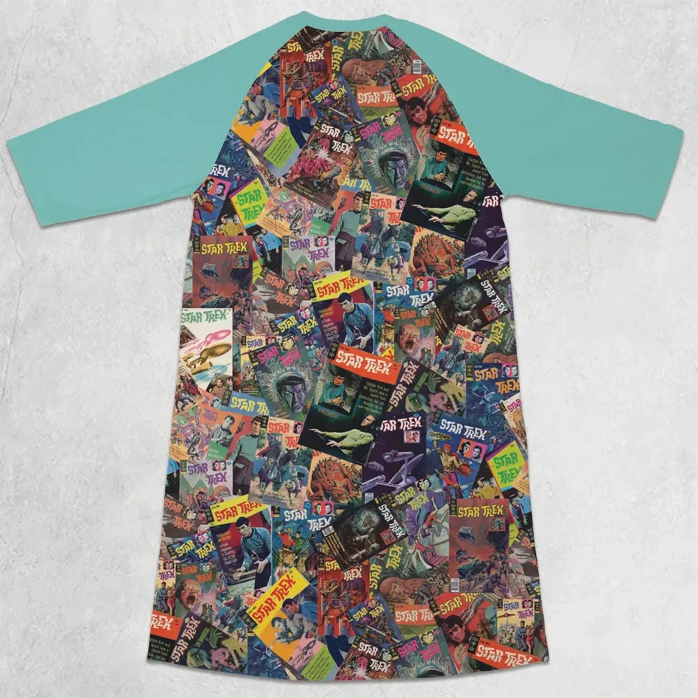Vintage 1970s Star Trek Comic Books Collage 3/4 Sleeve Raglan Dress - 2