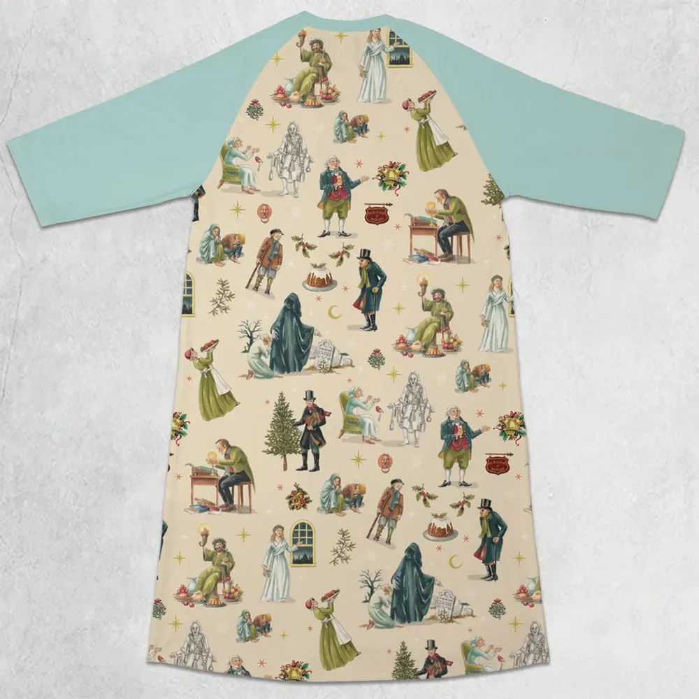 A Christmas Carol Characters Pattern 3/4 Sleeve Raglan Dress - 2