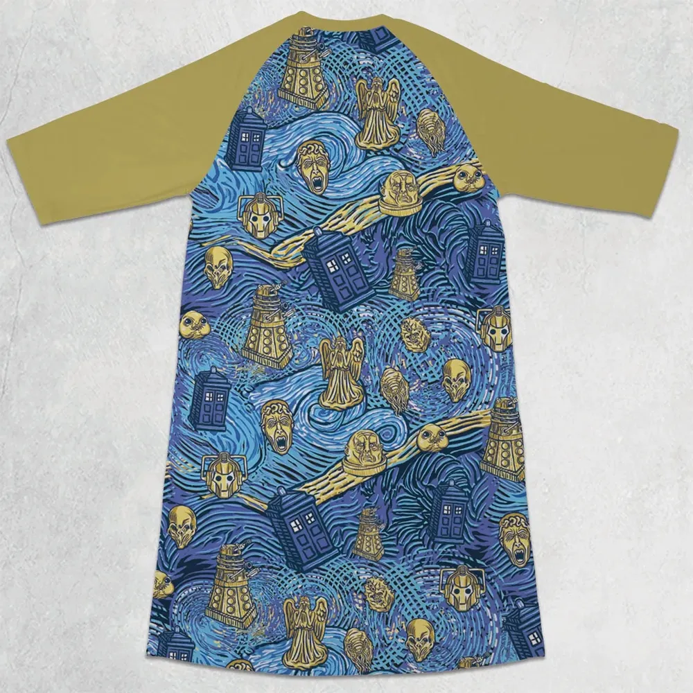 Starry Night Tardis Doctor Who 3/4 Sleeve Raglan Dress - 2
