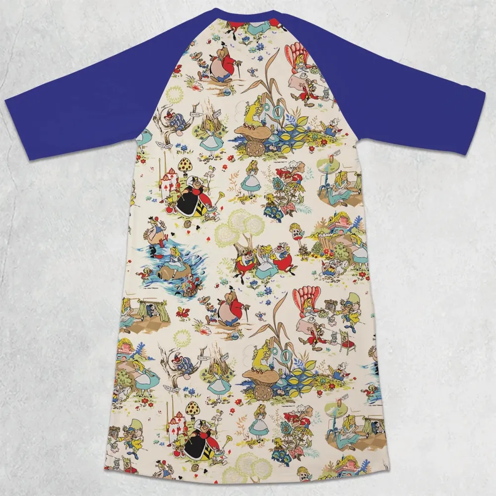 Alice In Wonderland Pattern 3/4 Sleeve Raglan Dress - 2