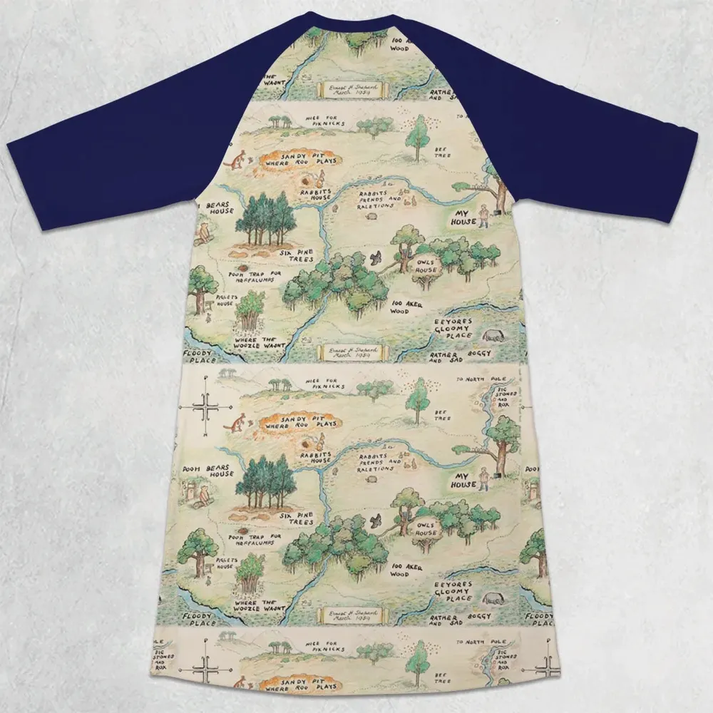 Hundred Acre Wood Map 3/4 Sleeve Raglan Dress - 2