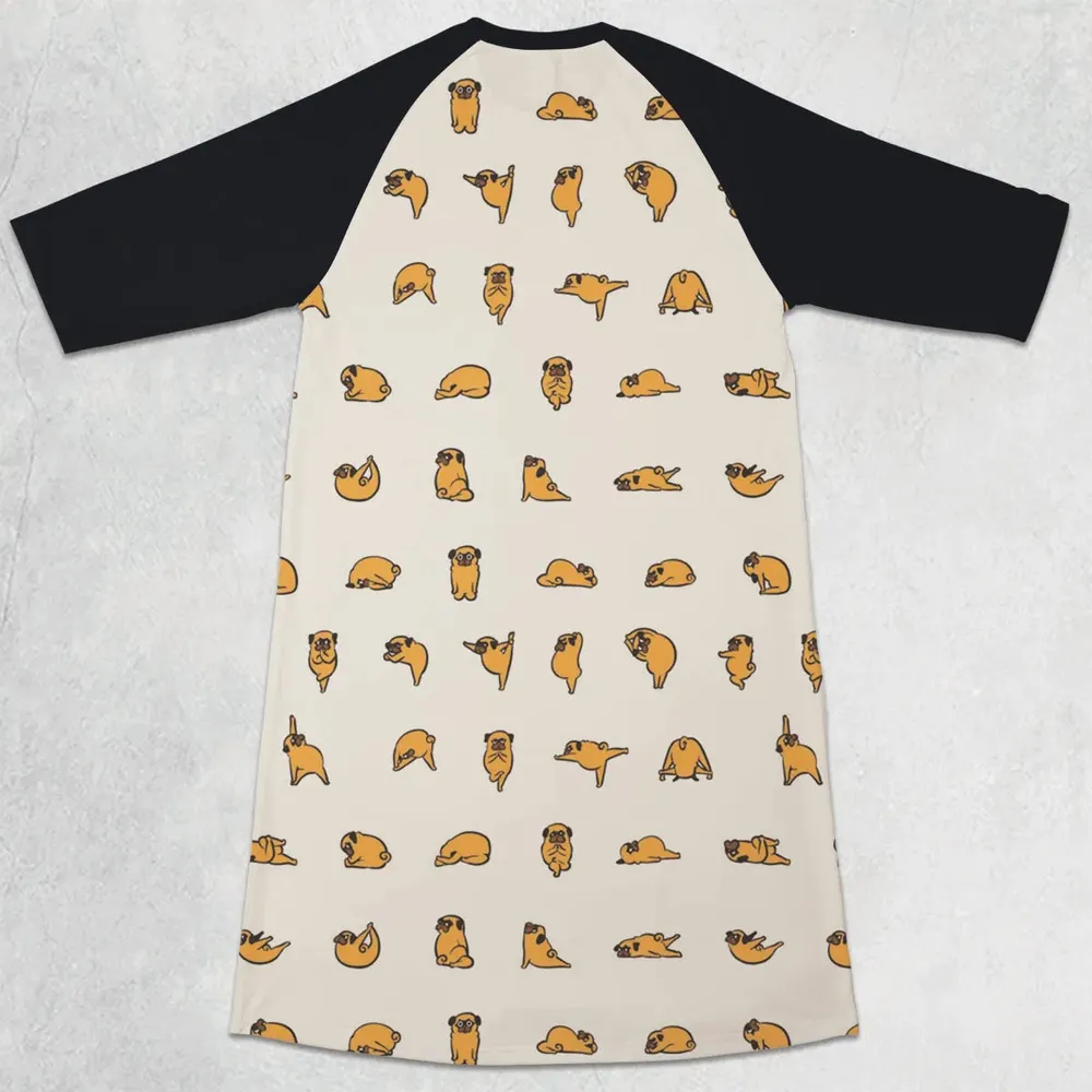 Pug Hot Yoga Pattern 3/4 Sleeve Raglan Dress - 2