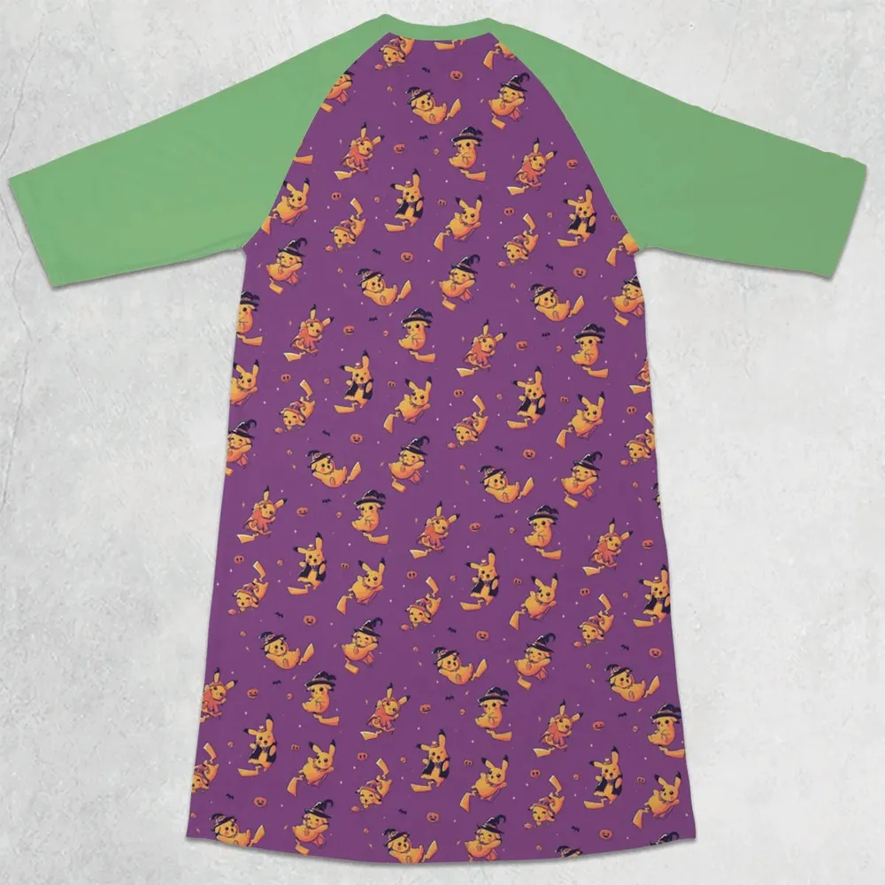 Electric Halloween Cute Pikachu Pattern 3/4 Sleeve Raglan Dress - 2