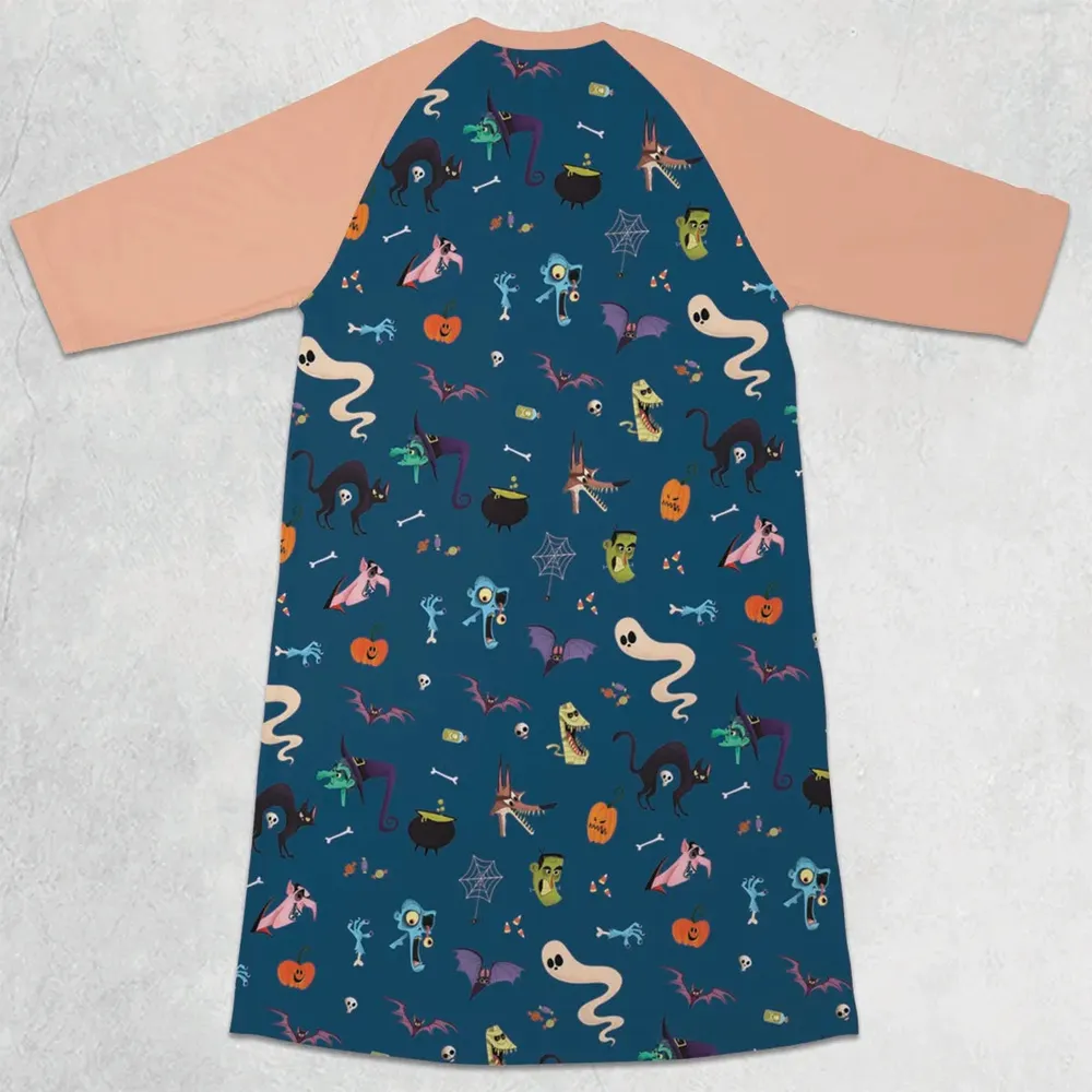 Cute Spooky Classic Monster 3/4 Sleeve Raglan Dress - 2