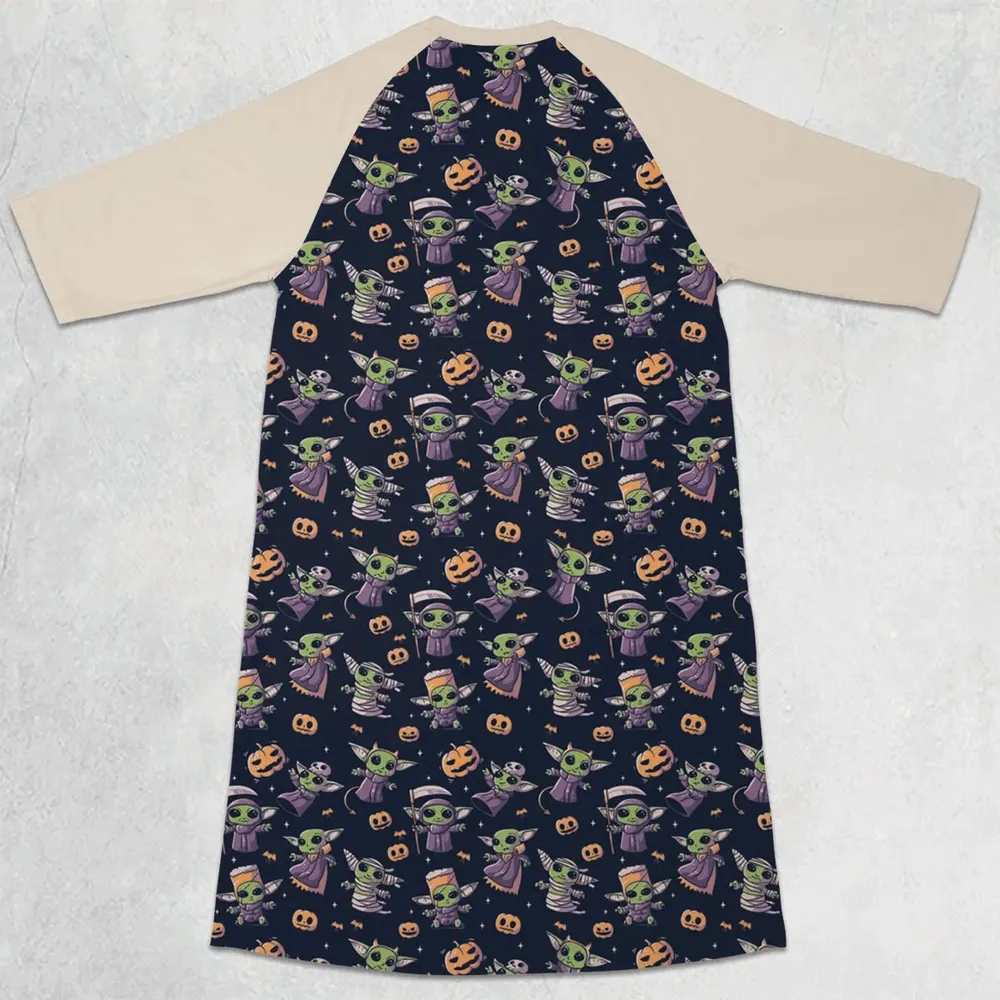 Cute Baby Yoda Halloween Pattern 3/4 Sleeve Raglan Dress - 2