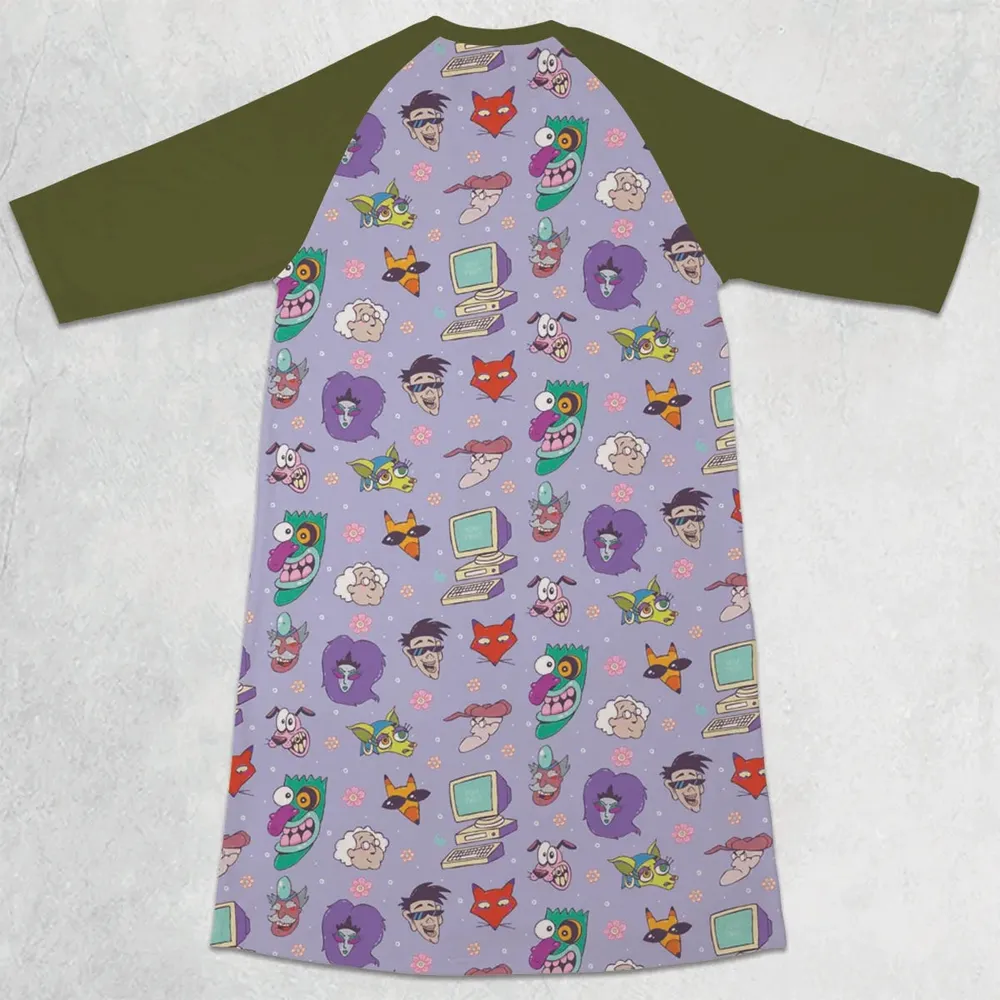Courage the Cowardly Dog Characters Pattern 3/4 Sleeve Raglan Dress - 2