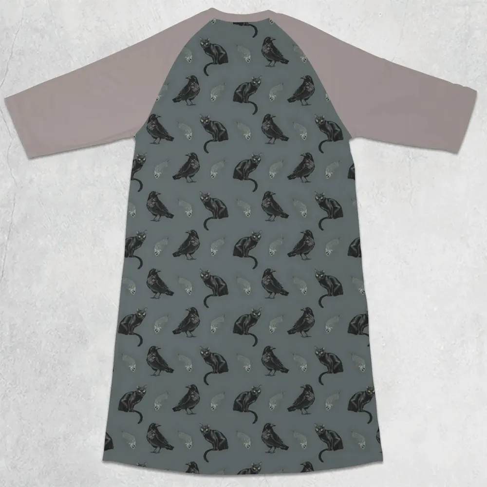 Cat and Raven Edgar Allan Poe Pattern 3/4 Sleeve Raglan Dress - 2