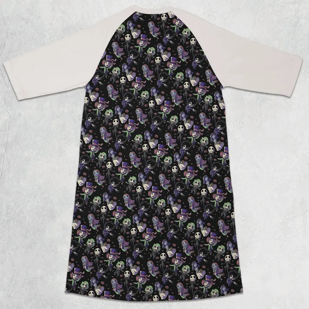 Buttons Characters Pattern 3/4 Sleeve Raglan Dress - 2
