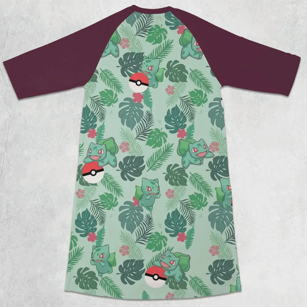 Bulbasaur Pokemon Pattern 3/4 Sleeve Raglan Dress - 2