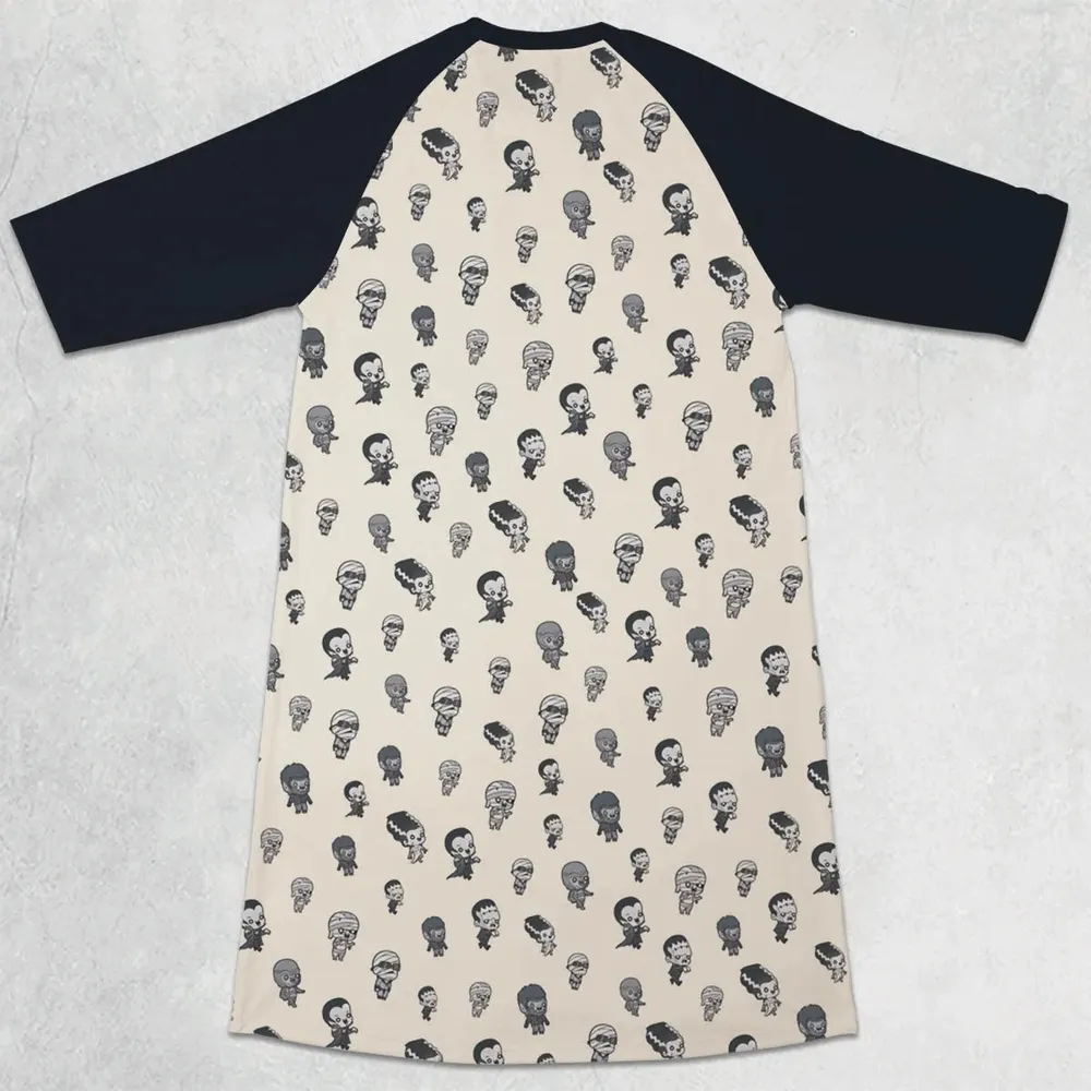Baby Monsters Pattern 3/4 Sleeve Raglan Dress - 2