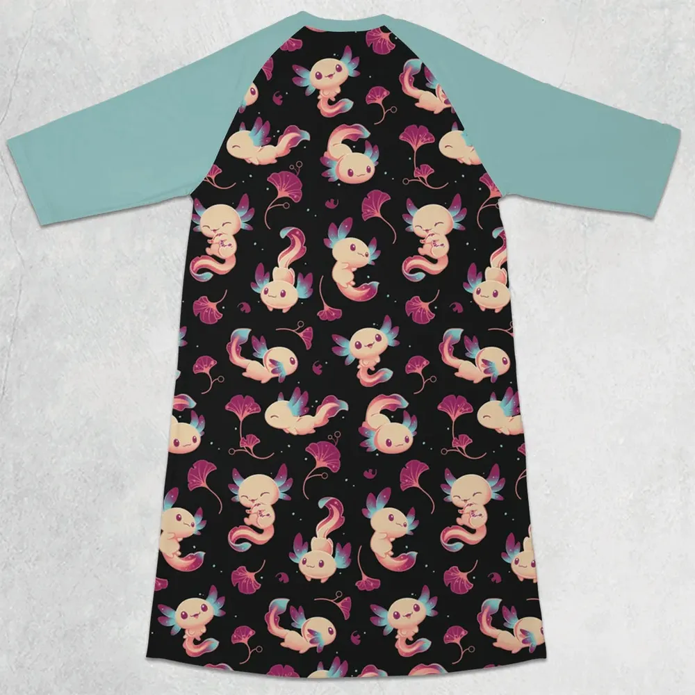 Axolotl Wonders Cute Salamanders Pattern 3/4 Sleeve Raglan Dress - 2