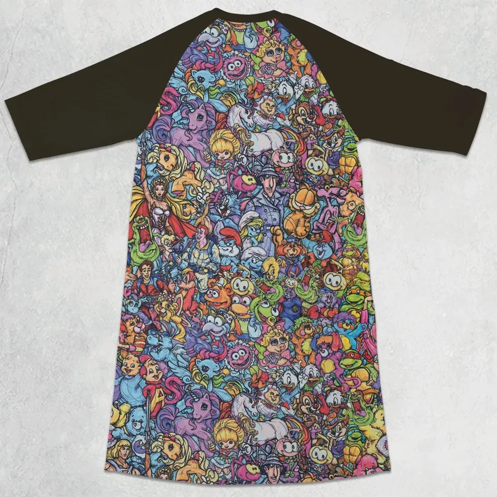 80s Throwback Cartoon Pattern 3/4 Sleeve Raglan Dress - 2