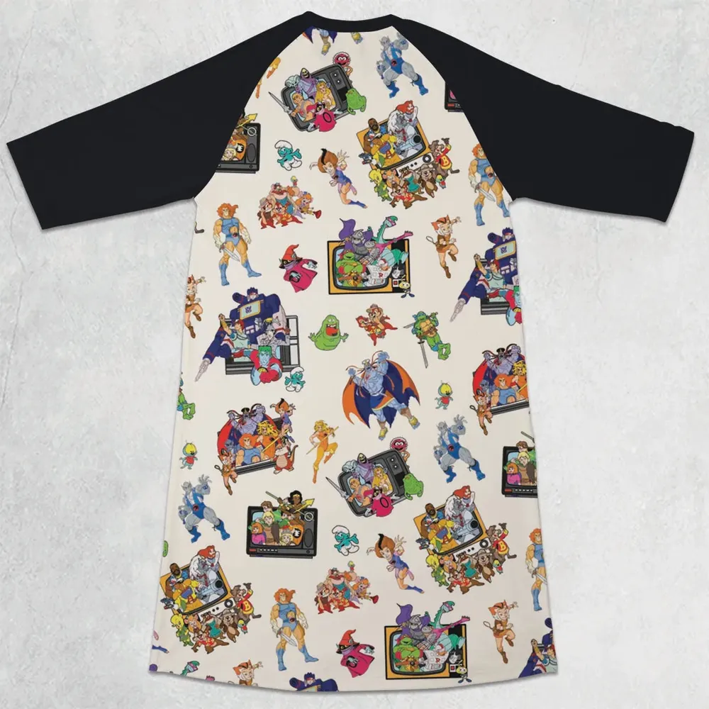 80s Famous Cartoon Characters Pattern 3/4 Sleeve Raglan Dress - 2