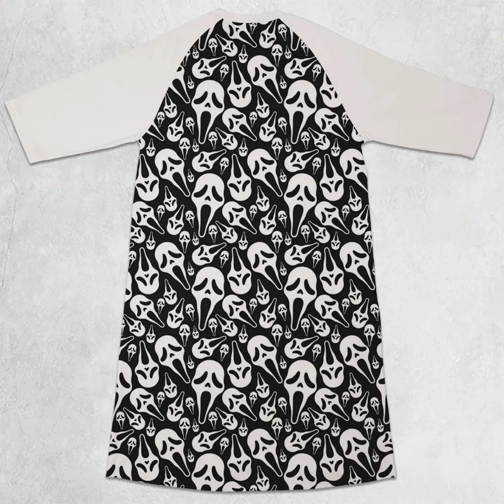Ghostface Horror Movie Pattern Halloween 3/4 Sleeve Raglan Dress - 2